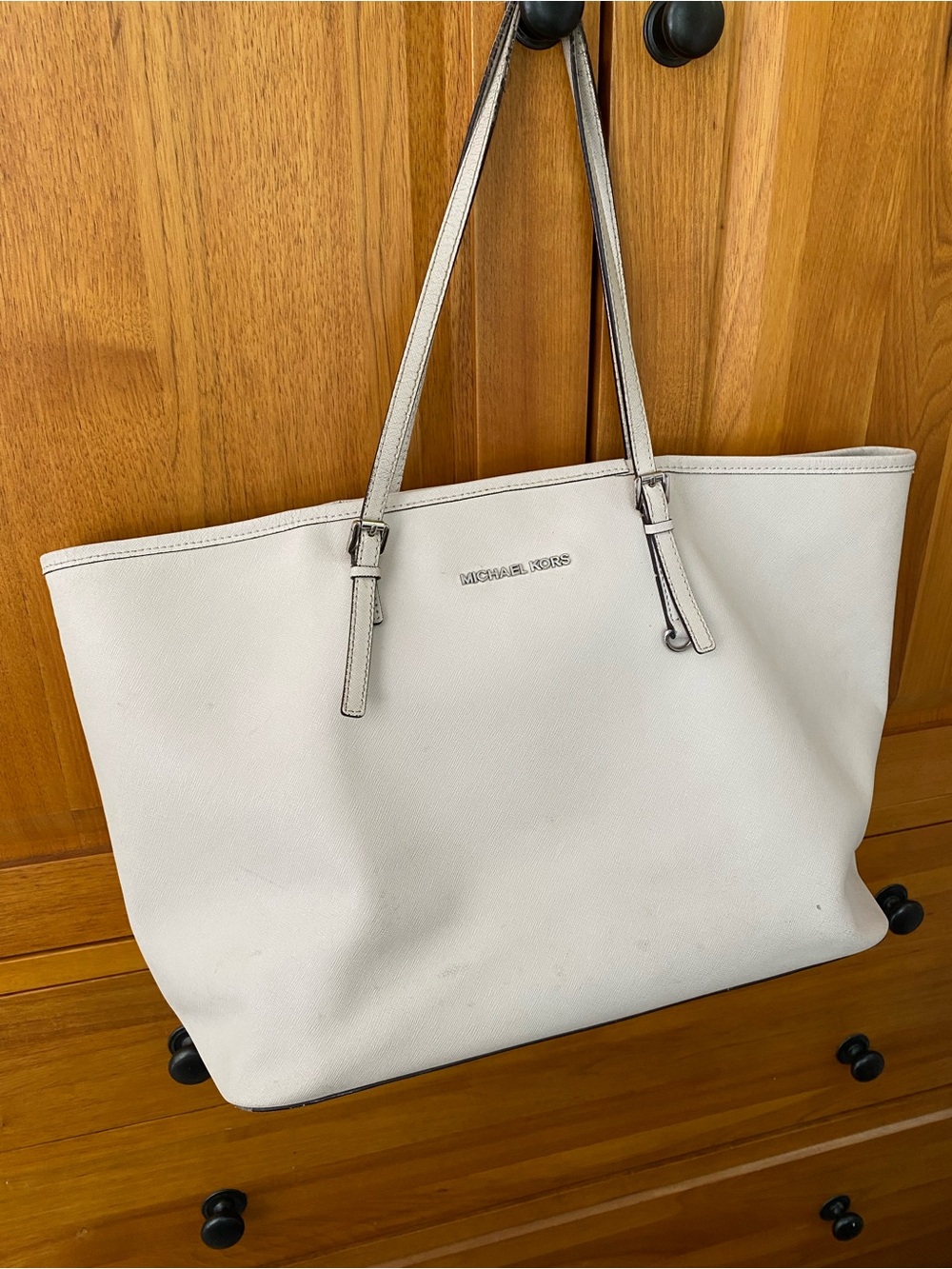 Michael Kors White Leather Shoulder Tote with Slim Straps